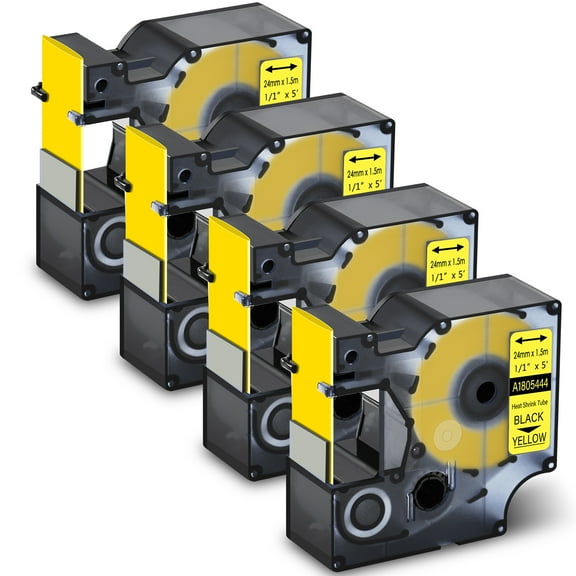 GREENCYCLE 4PK Industrial Rhino Heat Shrink Tubes Compatible for DYMO 1805444 24mm 1" Black on Yellow Cable Label Tape