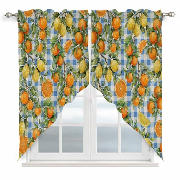 Orange Lemons Swag Valances for Windows, Kitchen Window Curtains Over Sink, Summer Botanical Checkered Farmhouse Window Treatment Curtains for Living Room/Bedroom Curtains 2 Panel Sets 36"x45"