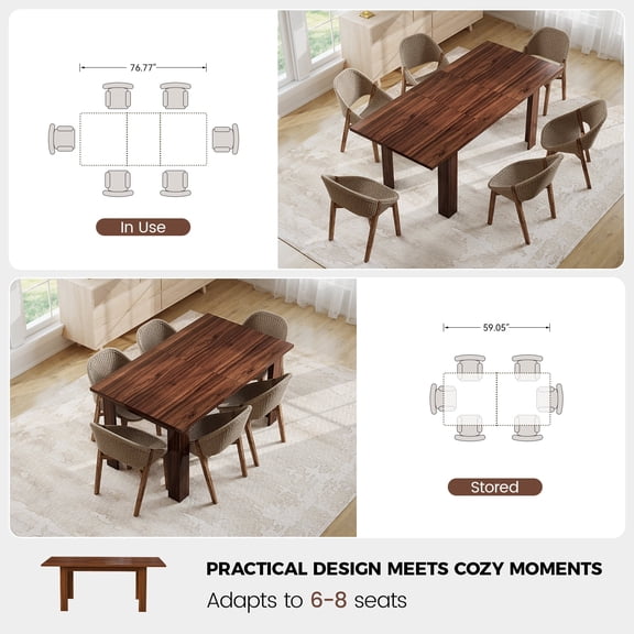 Extendable Dining Table 59.05 to 76.77 inch, Walnut Brown Wood Grain Adjustable Kitchen Table with Square Legs for 4-8 People