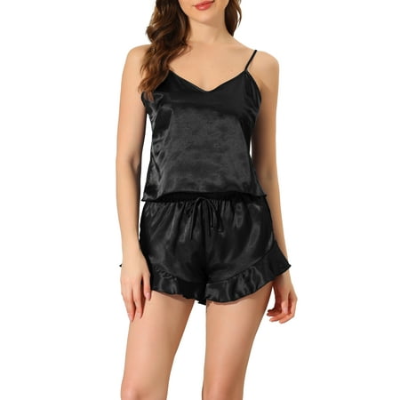 

Unique Bargains Women s Satin Sexy Lingerie Cami Tops with Shorts Sleepwear Pajamas Sets