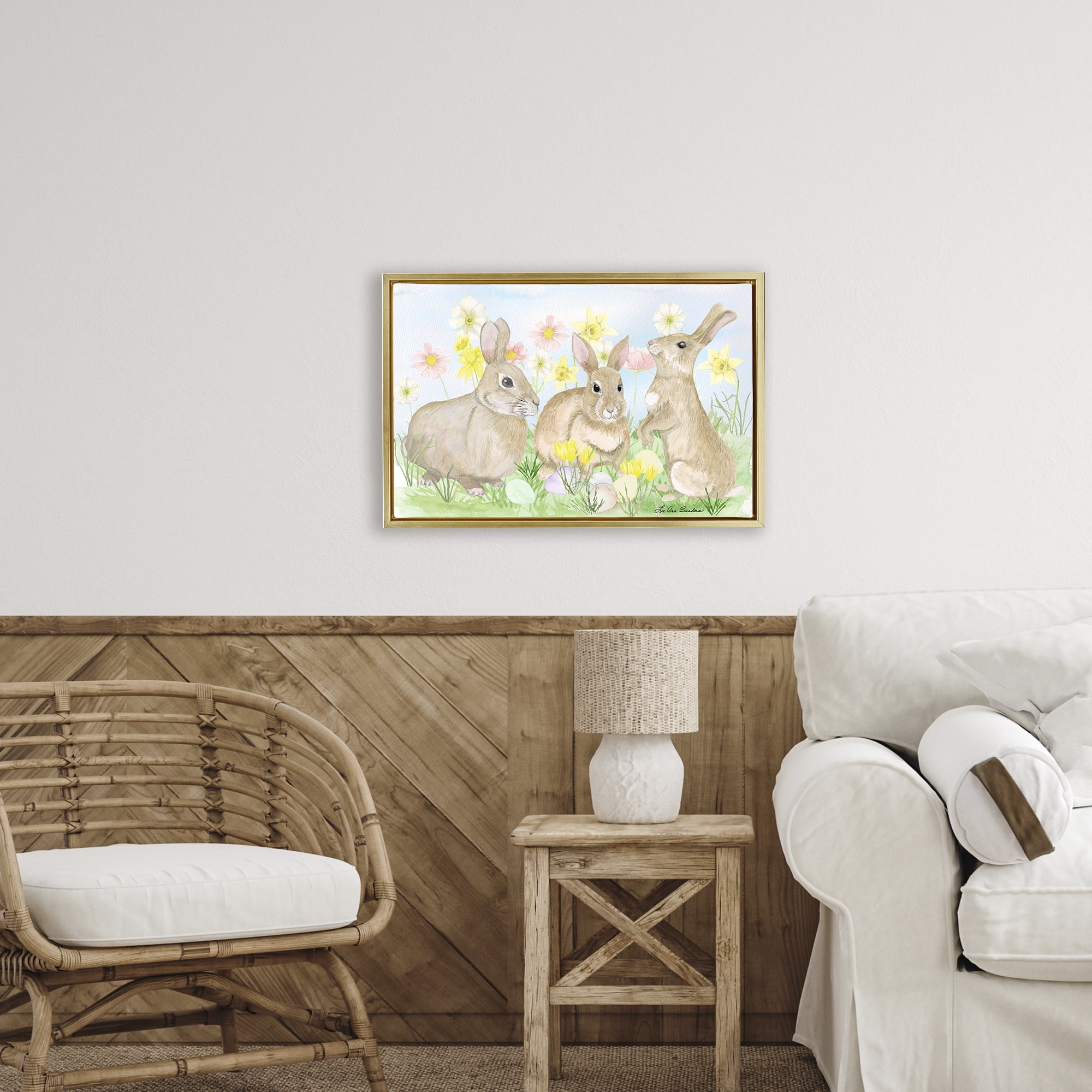Three Bunnies In The Grass Gold Framed Floater Canvas Wall Art, design by Lee Ann Sanders