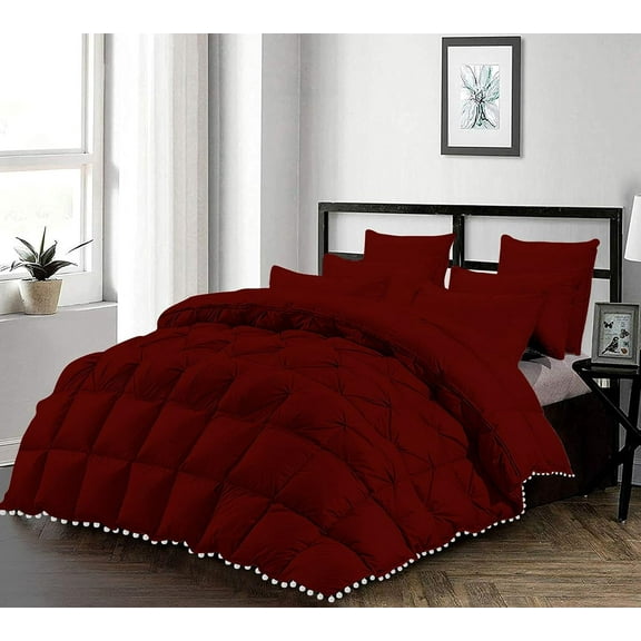 D.N.G. BEDDINGS Luxurious 5 Piece Pom Pom Half Pinch Pleated Comforter Set, 800 Thread Count, 100% Egyptian Cotton, White Vintage Pom-Pom Fringe Super Soft (Super King Size Solid Burgundy Color)