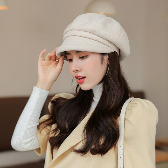 dianhelloya Warm hat LadyOctagonal Hat Vintage Short Brim Solid Color Washable Lightweight Keep Warm Painter Artist Lightweight Women Beret for Student Beige