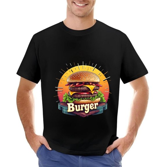 Men's Cotton Short Sleeve T-Shirt with Vibrant Burger Graphic Design Retro Style Fun and Playful Vibe Perfect for Casual Wear