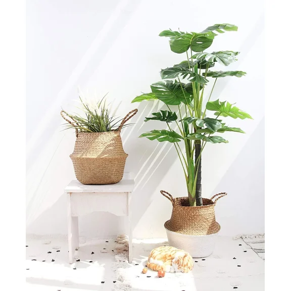 Colourtree 10.6" Diameter x 9.1" High Seagrass Belly Storage Basket Planter with Handles for Storage, Plant Pot, Laundry, Picnic and Grocery