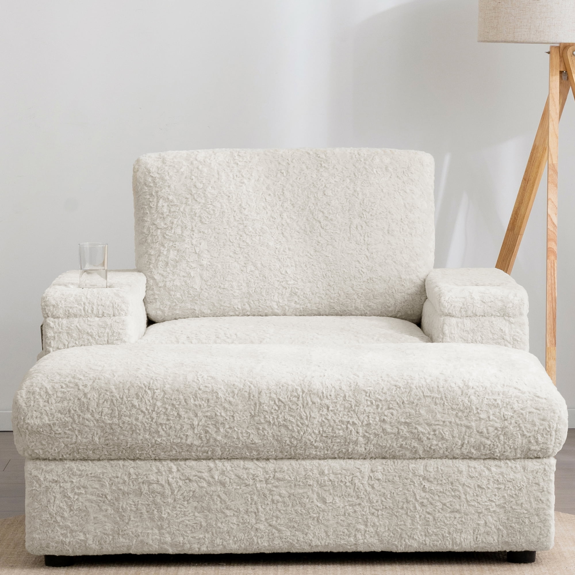 42" Oversized Chaise Lounge Chair Indoor,Upholstered Accent Chair Armchair with Storage Ottoman and Cup Holders, Reading Couch with Deep Seat for Living Room,Bedroom,Beige