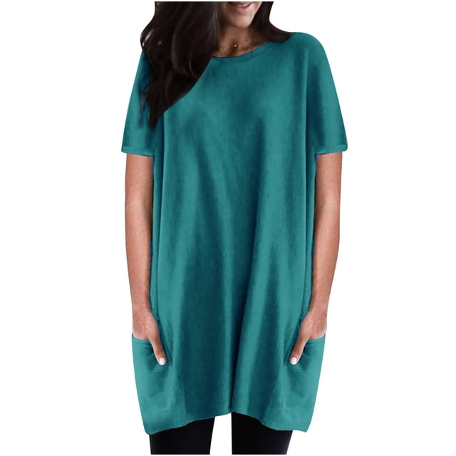 Bigersell Hauts d'Été pour Femmes 2023 Hauts Décontractés Unis Col Rond Manches Courtes Blouses Amples avec Poche Chandail Col Rond Manches Courtes Style B45020, Bleu Foncé TTG