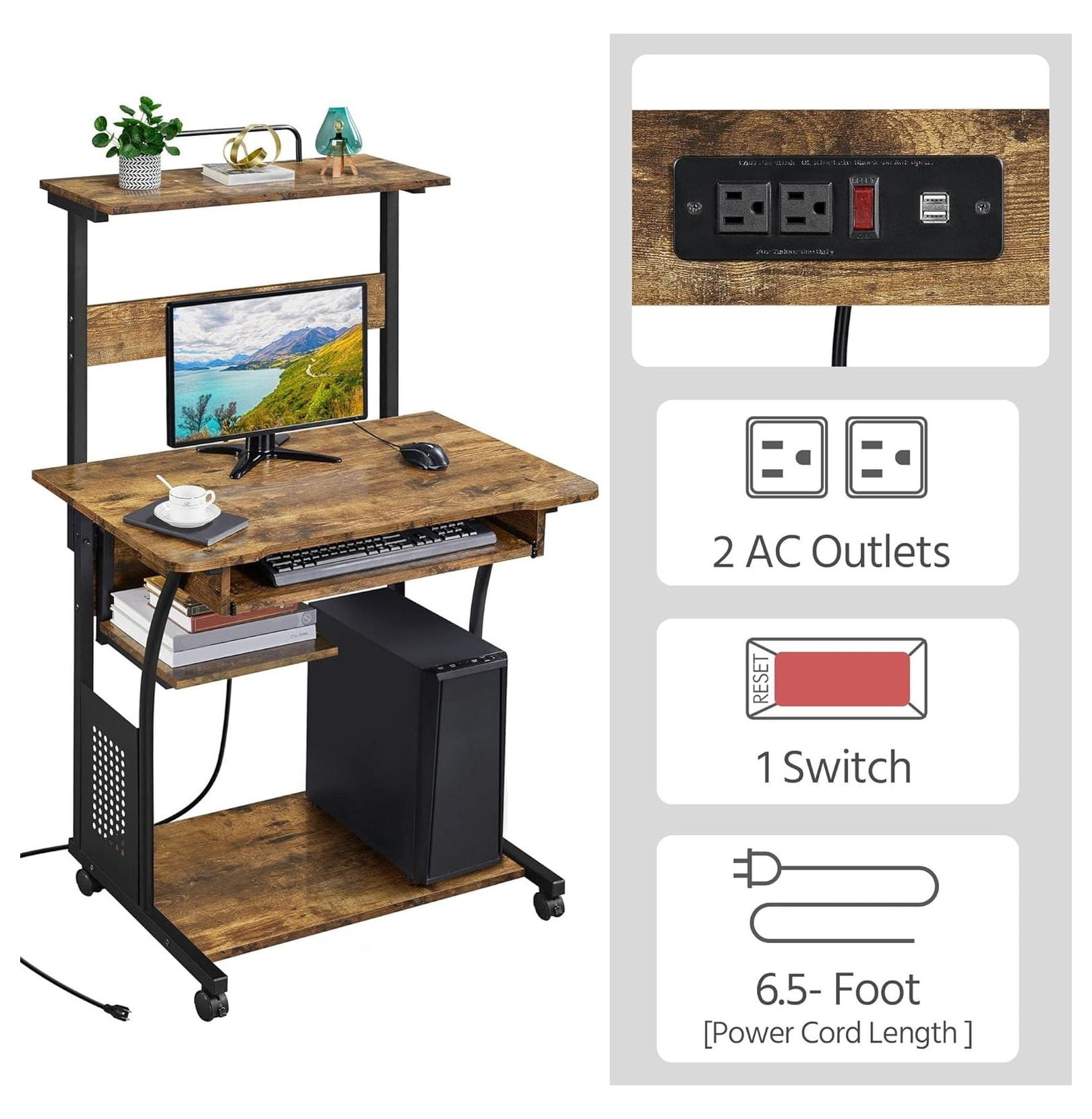 3 Tiers Rolling Computer Desk with Power Outlet and USB Ports for Space Saving, Home Office Desk with Keyboard Tray and Printer Shelf on Wheels, Laptop PC Workstation Table, Rustic Brown