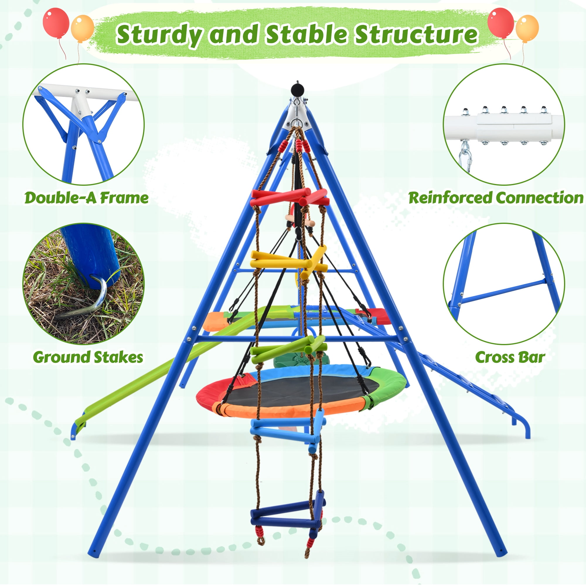 Aukfa 7 in 1 Kids Swing Set with Slide, Heavy-Duty Metal Playset with Climbing for Backyard, Blue