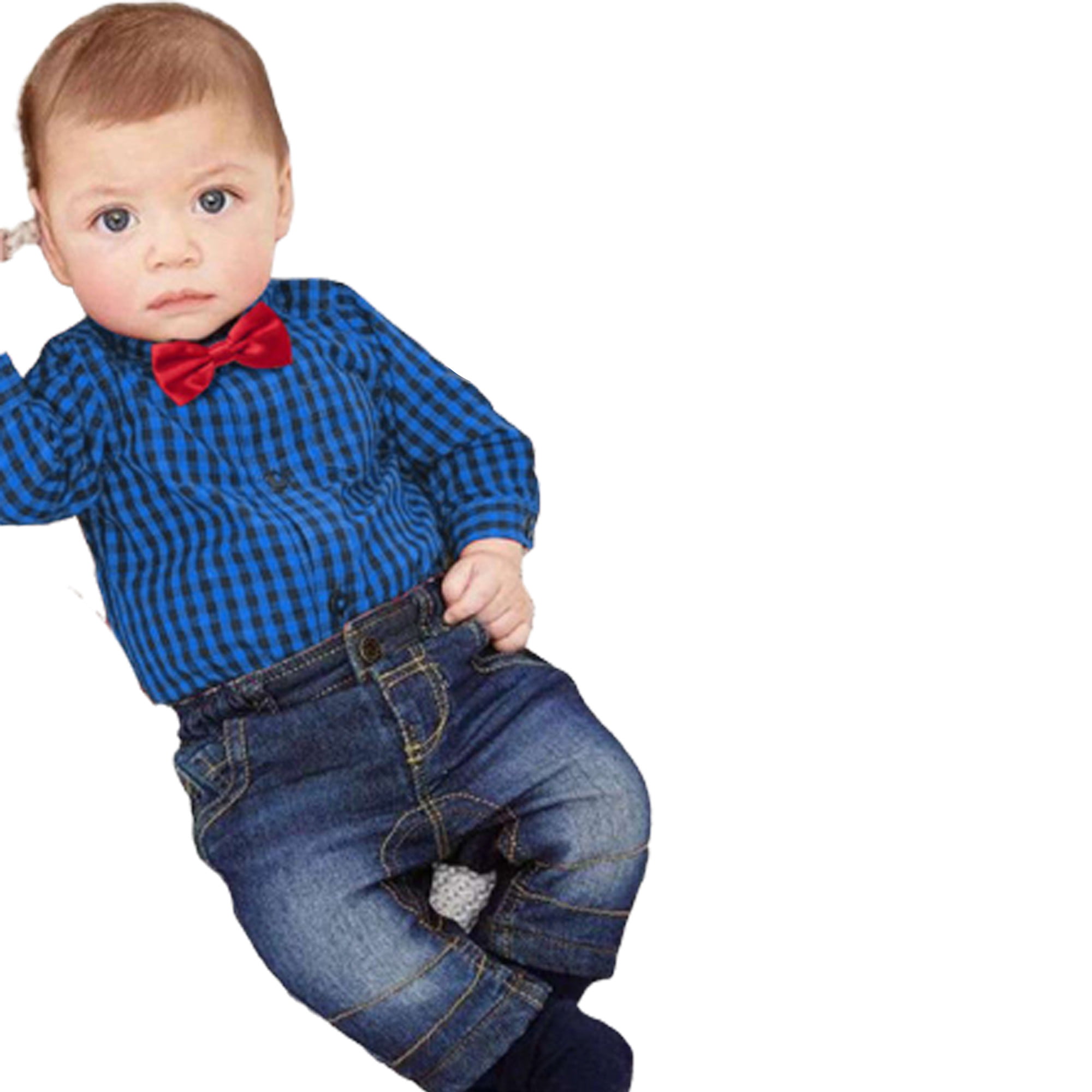 3pcs Toddler Baby Boys plaids Blouse+Black Car Tops+Denim Suspender Trousers Set 