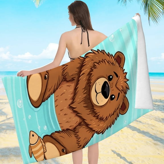 RKSupls Bear Fish River Microfiber Beach Towel, Extra Large Quick Dry Lightweight Towel for Travel Swimming Camping, Soft Super Absorbent- 55.1x27.6in