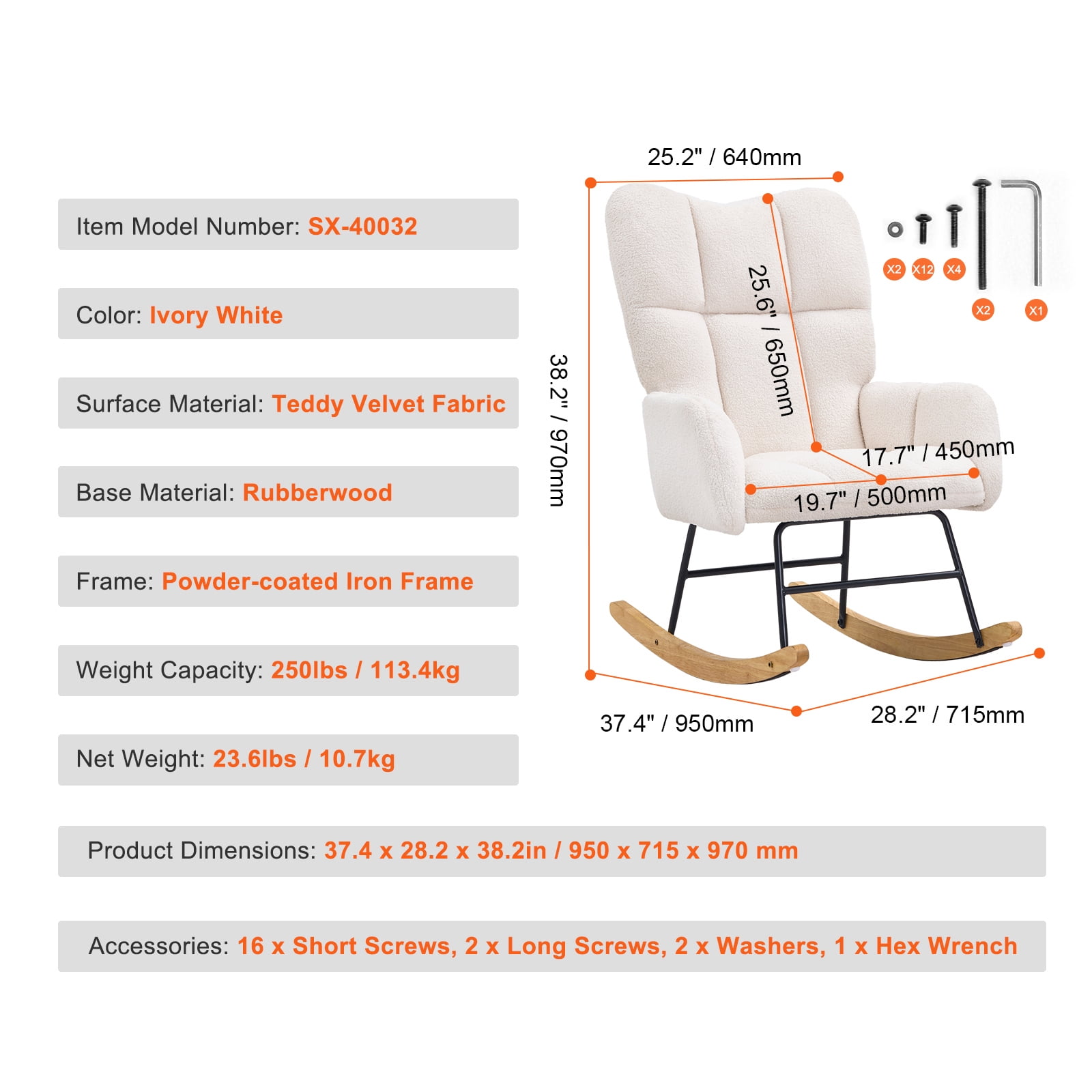 KFFKFF Nursery Rocker Chair, Glide Rocker with Cushioned Seat and Tall Back Support, 250 lbs Load Limit Teddy Fabric, Padded Glide Rocking Chair for Nursery, Bedroom, Living Room, Creamy White