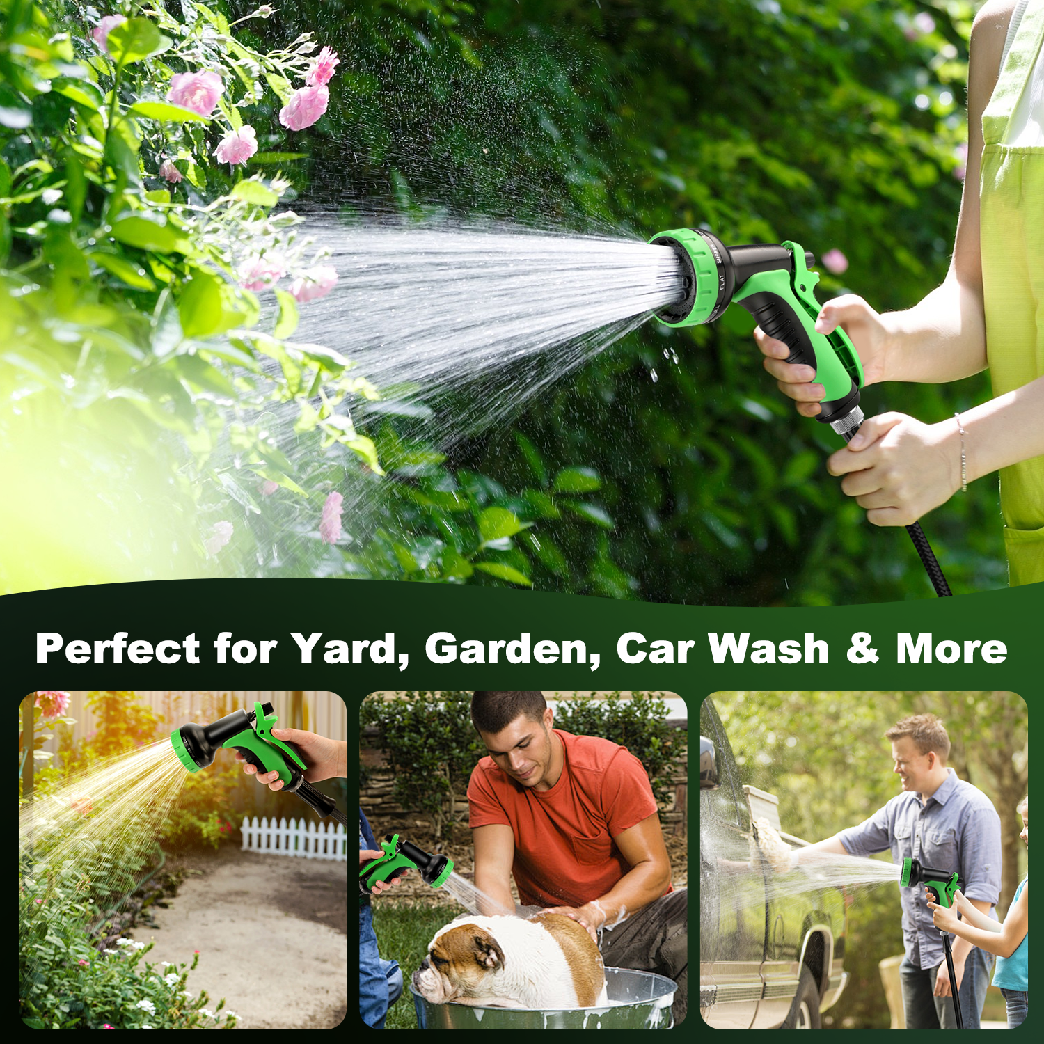 Garden Hose 50FT Non-Expandable Lightweight Water Hose with 10-Function Spray Nozzle, Kink-Free Leak-Proof Hose for Yard Lawn Garden Car Wash