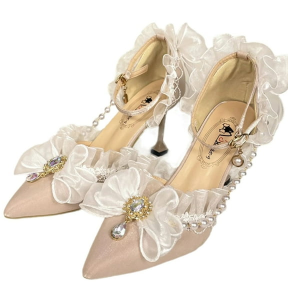 Ruffled Lace Pearl Chain Wedding Shoes for Women Japanese Elegant Bowknot Rhinestones Closed Toe Pointed High Heel