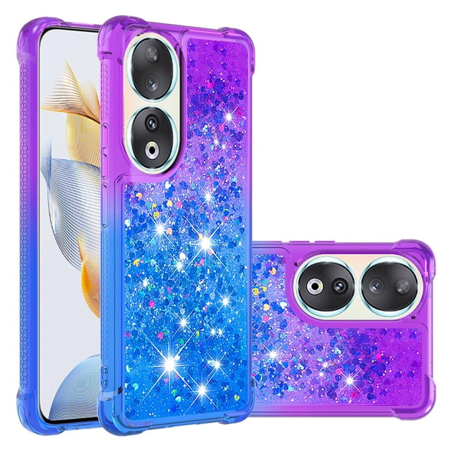 funda para honor 90 5g transparente con brillos carcasa protectora antigolpes con glitter brillante, diseño líquido con glitter flotante en degradado púrpura a azul. TPU delgado con esquinas acolchadas, cortes precisos para cámara y botones y acabado anti-arañazos; adecuada como regalo para chicas y adolescentes.