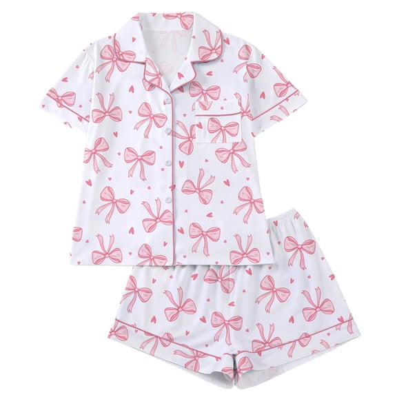 SwiftWear Casual Cute Bow Print Pajama Set for Women - Soft Sleepwear & Loungewear Turn-Down Collar Top with Pockets and Shorts Comfortable Home Wear Pjs 2 Piece Pink