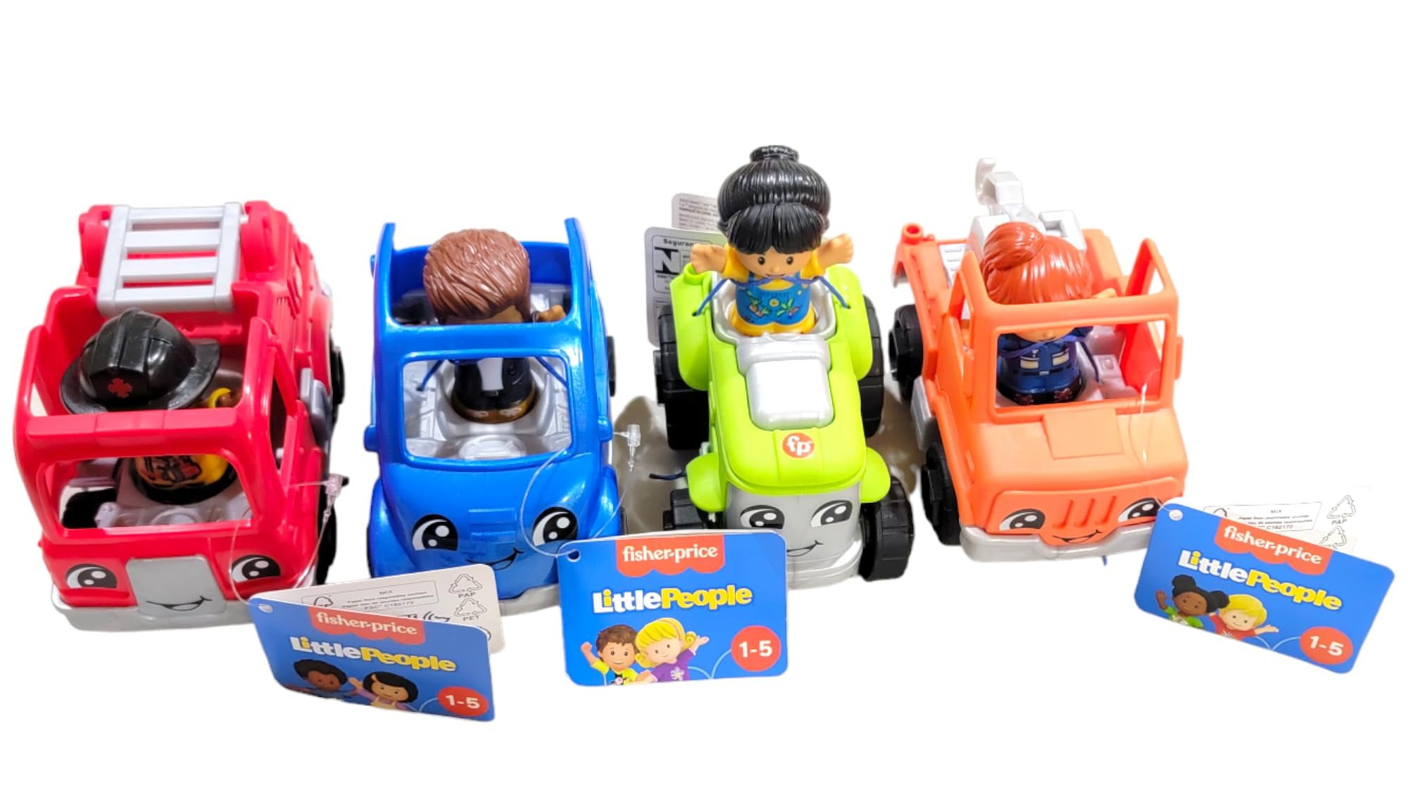 Fisher-Price Little People Vehicles and Figure Bundle with Fire Truck, Tractor, Electric Car and Toy Truck Pack of 4