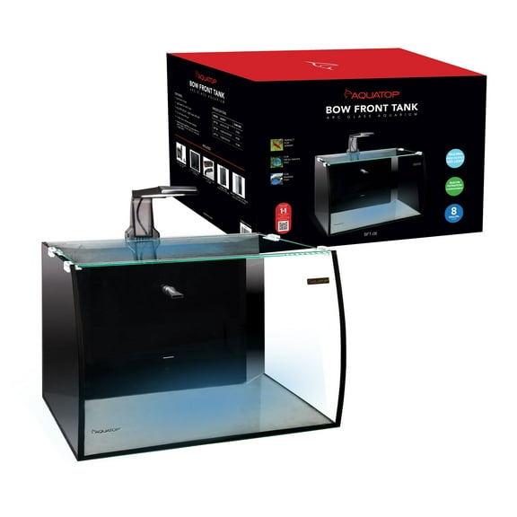 Aquatop Bow Front 8 Gallon Glass Aquarium Desktop Fish Tank, All In One with Filter and LED Light, BFT-08