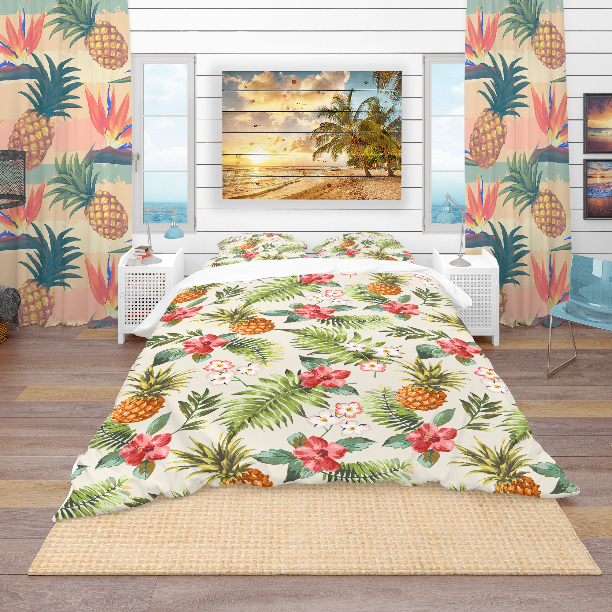 Designart 'Jungle Pineapple Red Flower Pattern' Tropical Duvet Cover Set