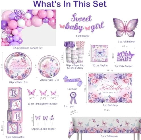Butterfly Baby Shower Decorations Balloons Plates and Cups and Napkins Sets Purple Pink Sweet Baby Girl Baby Shower Themes A Little Butterfly is on Her Way Decorations for Girl