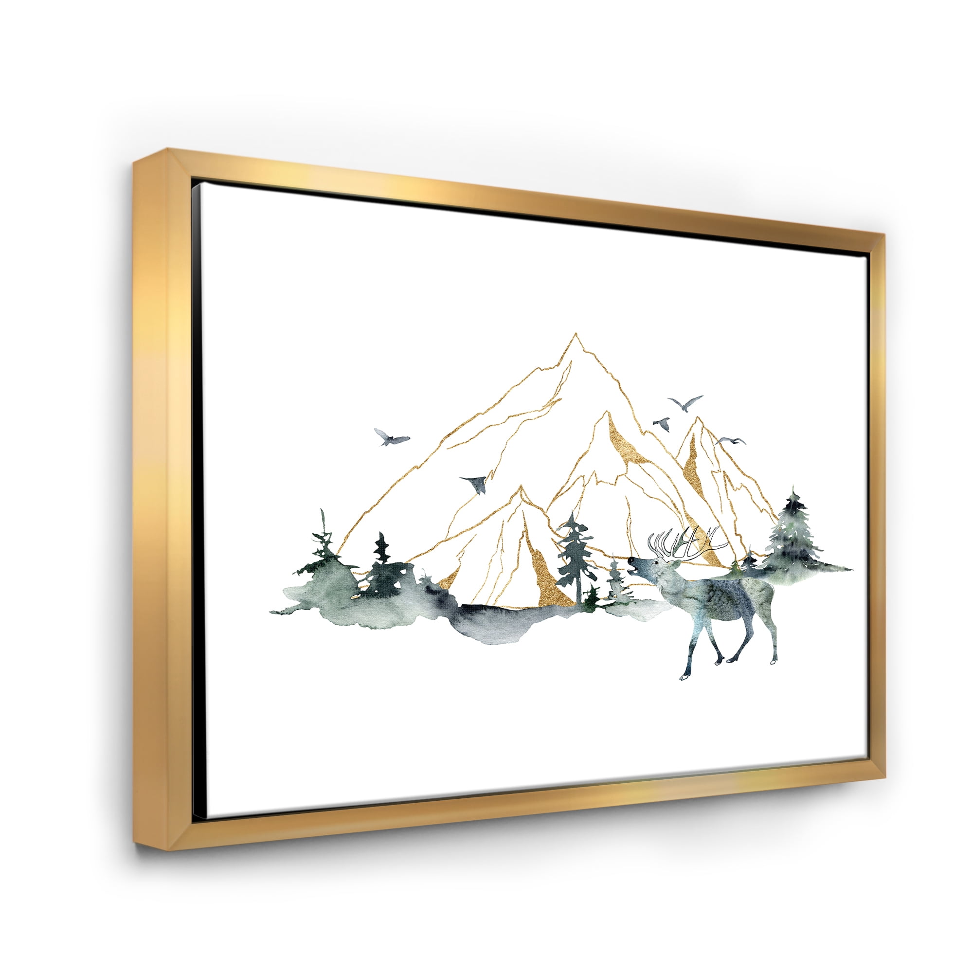 Minimalistic Landscape of Forest Deer and Mountains 32 in x 16 in Framed Painting Canvas Art Print, by Designart