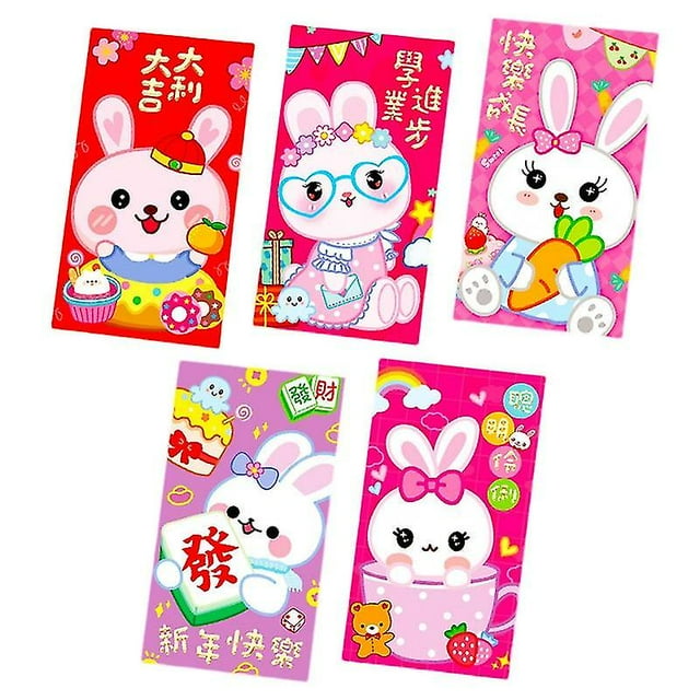 Sobres rojos con diseño de conejo de dibujos animados, papel recubierto estampado, sobres rojos con estampado de conejito para Año Nuevo, 5 uds.