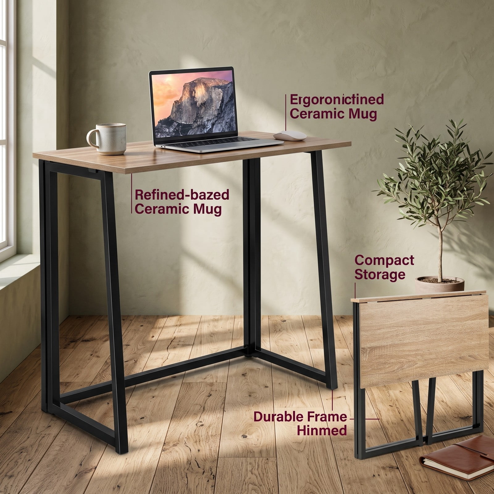 Furnibear Folding Computer Desk 31 Inch Small Desk for Home Office, Space-Saving Writing Study Desk with Metal Frame, Natural