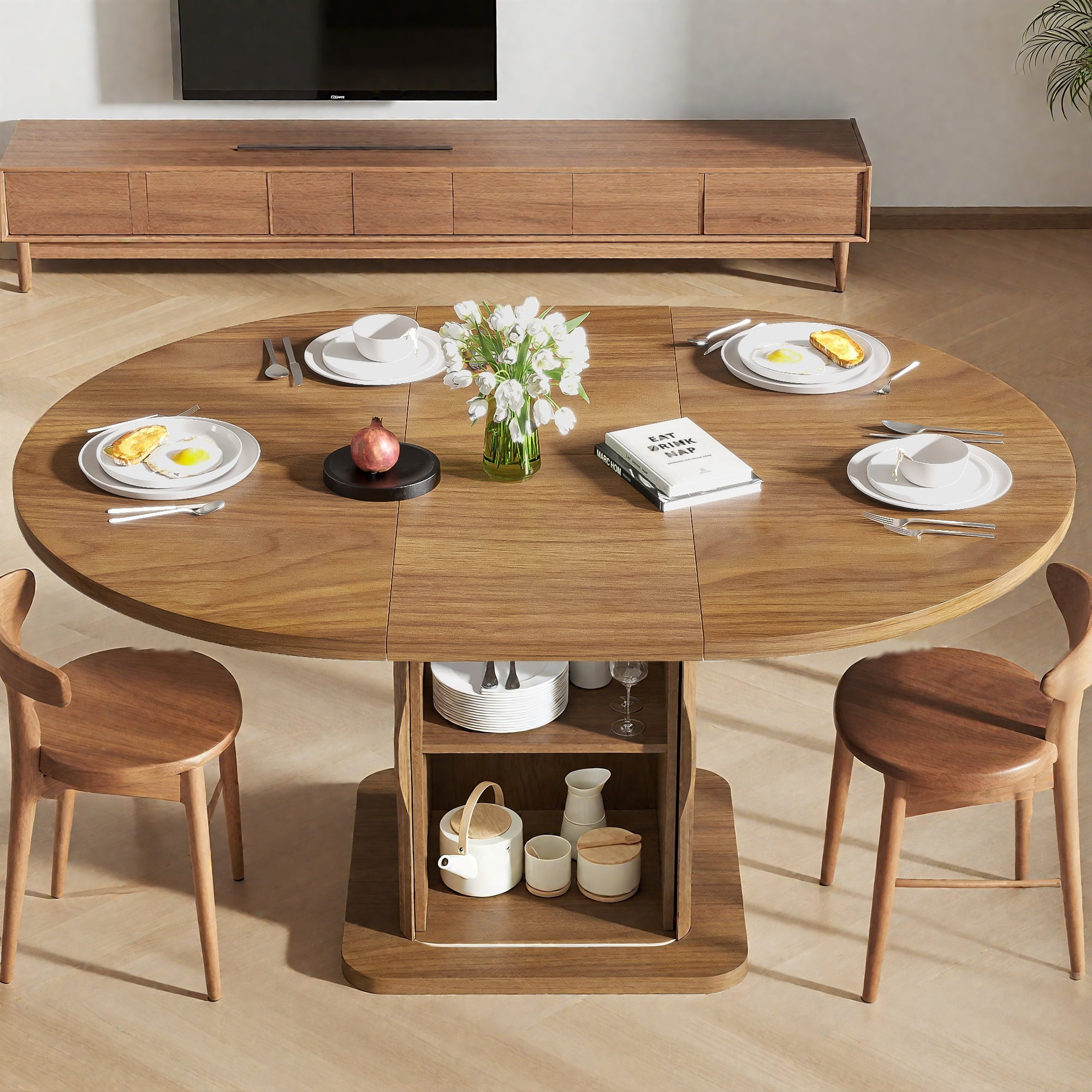 59 Inch Extendable Round Dining Table for 4-6, Kitchen Dining Table with Storage Shelf for Home Living Room, Walnut