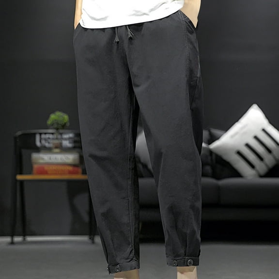 USSUMA Mens Sweatpants Solid Button-Fly Long Joggers Activewear Relaxed Pocket Drawstring Loose Pants Drawstring Elastic Waist Adaptable Casual Mens Pants Black XXL