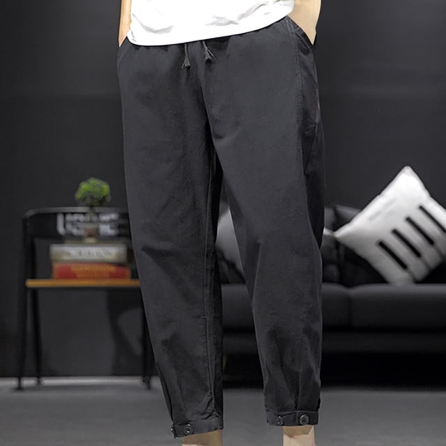 Men Fashion Summer Solid Casual Button Elastic Waist With Pocket Pants RXIRUCGD Noir, Taille: L