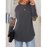 SHIBEVER Women's Long Sleeve Tops Round Neck T-Shirts for Women Fall Fashion Leopard Print Tops Casual Workout Loose Tunics Tops Gray Black Blouses Size L