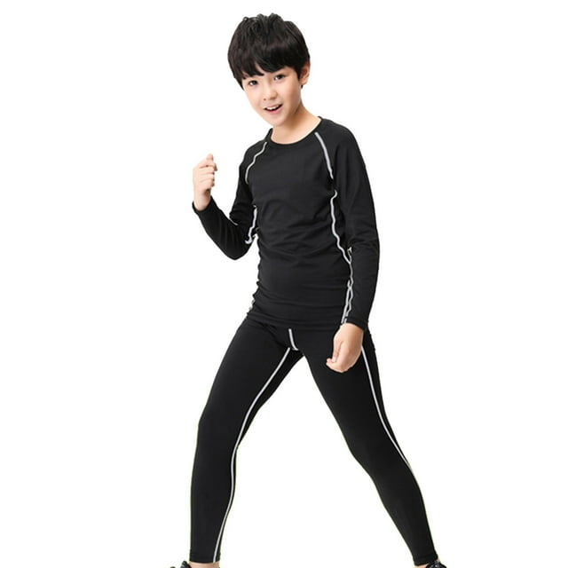PMVFHDE Chandail de Compression pour Garçons Jeunesse Athlétique à Manches Longues Maillot de Soccer sous-Vêtement de Soccer Couche de Base Haut Ensemble de 3 Pcs, Gris, 6-7 Ans