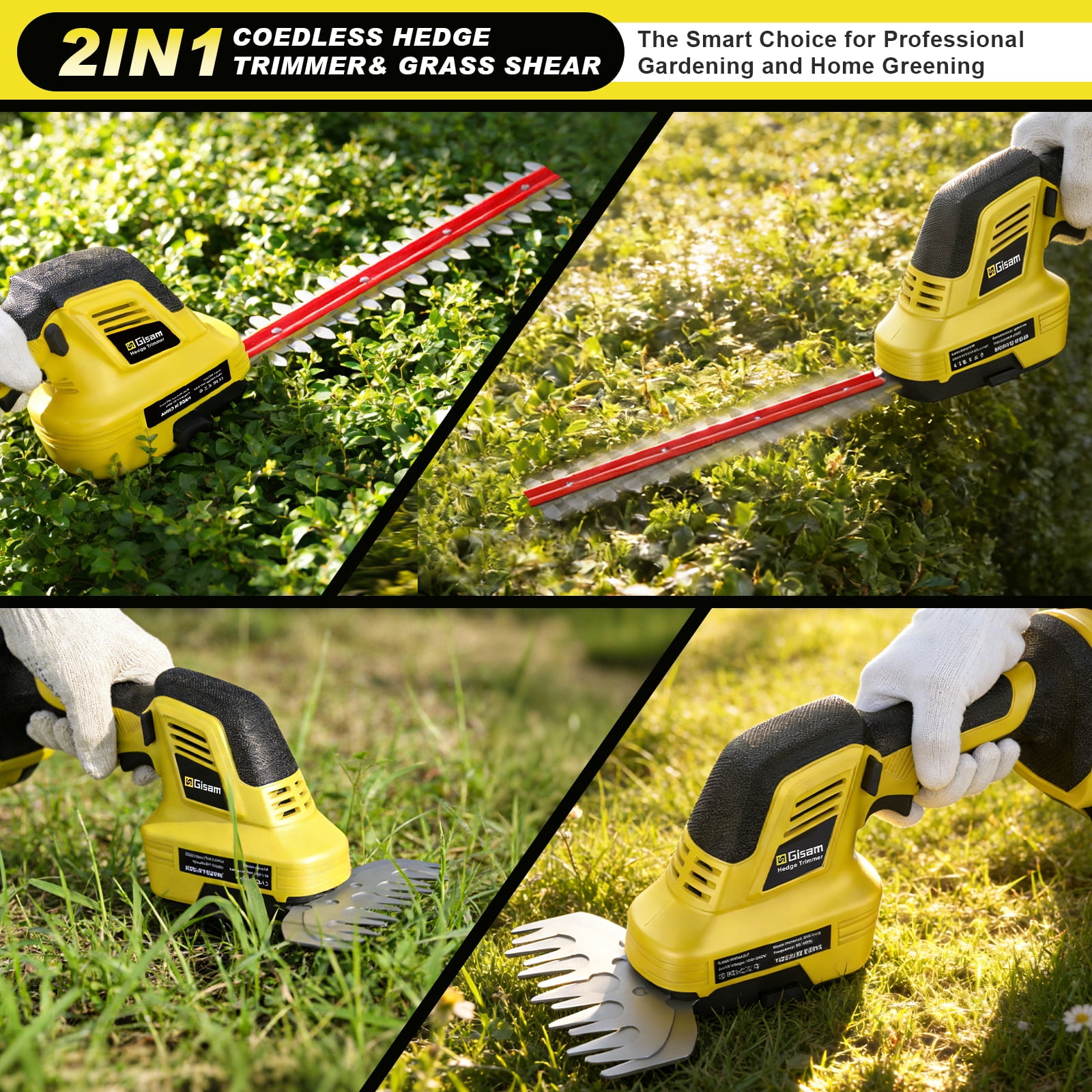 Gisam Cordless Electric Hedge Trimmer, 2-in-1 Mini Hedge Trimmer Cordless & Grass Shears, 2 x 2.0Ah Battery and Charger Included