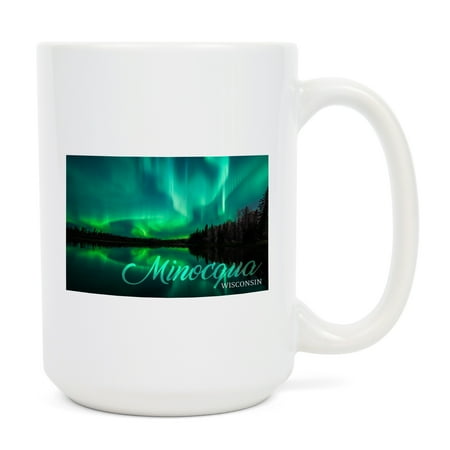 

15 fl oz Ceramic Mug Minocqua Wisconsin Northern Lights over Lake Dishwasher & Microwave Safe