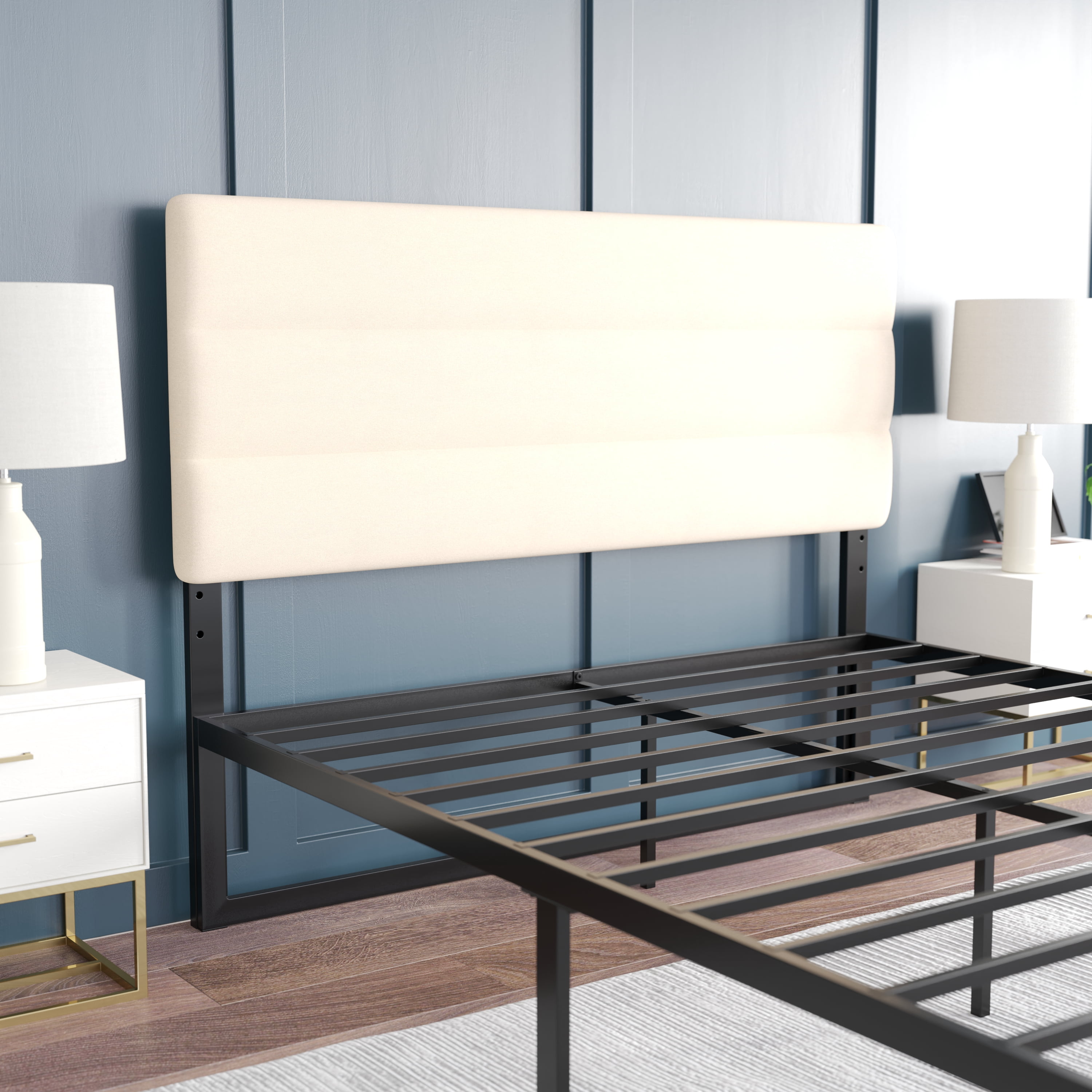 Emma + Oliver Modern Cream Fabric Upholstered Queen Headboard with Horizontal Line Stitching and Adjustable Height Rail Slots