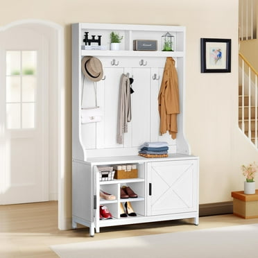 Dextrus 4-in-1 Farmhouse Hall Tree with Storage Bench & Coat Rack, 14 Hooks, Shoe Cabinet, White