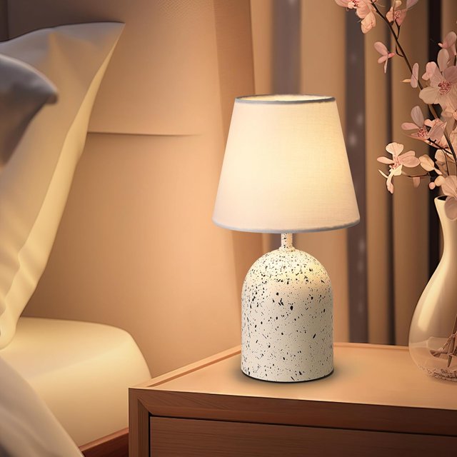 SHIBA-Bedside Table Lamp with White Fabric Lampshade, 3 Color Temperatures and 10-Level Dimming, LED Desk Lamp with Terrazzo-Patterned White Aluminum Base, Gift for Decoration and Lighting