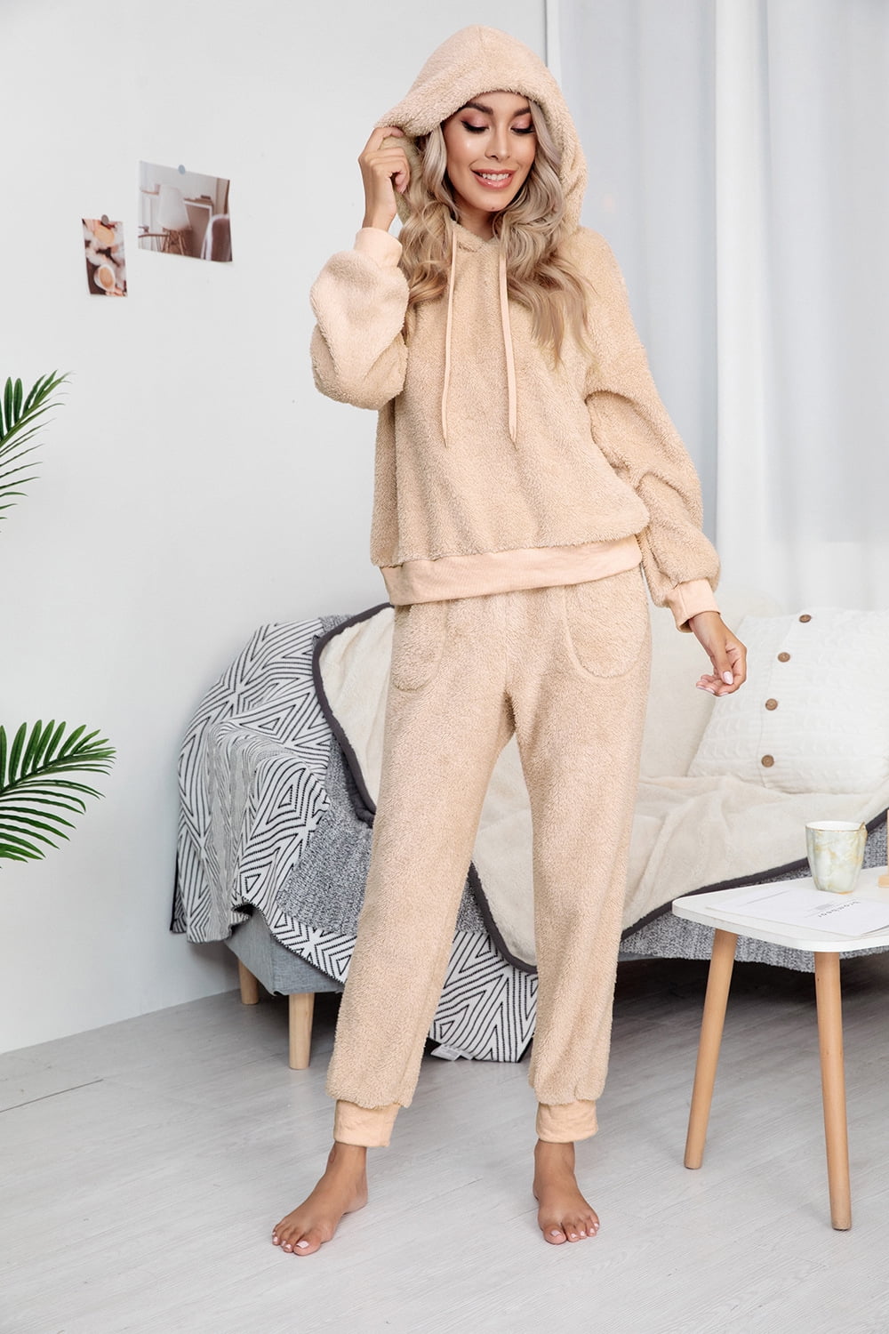 Womens Fuzzy Sherpa Fleece Pajamas Set, Long Sleeve Hoodies Pajama Pants 2  Piece Outfits Loungewear Sleepwear 