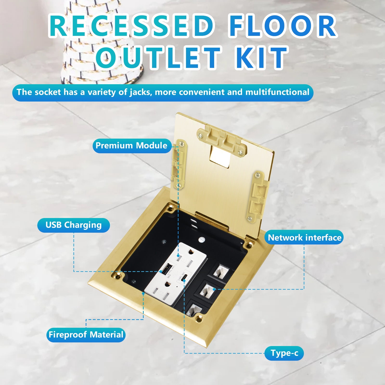 KYHSHJ Recessed Flat Hidden Socket Kit with 2 * 15A Receptacle，4.8A 1 USB-A Ports &1 USB-C Port+3-Port RJ45 Datacom Receptacle. Internal Height Adjustable，Corrosive Resistant Hardware,Brass