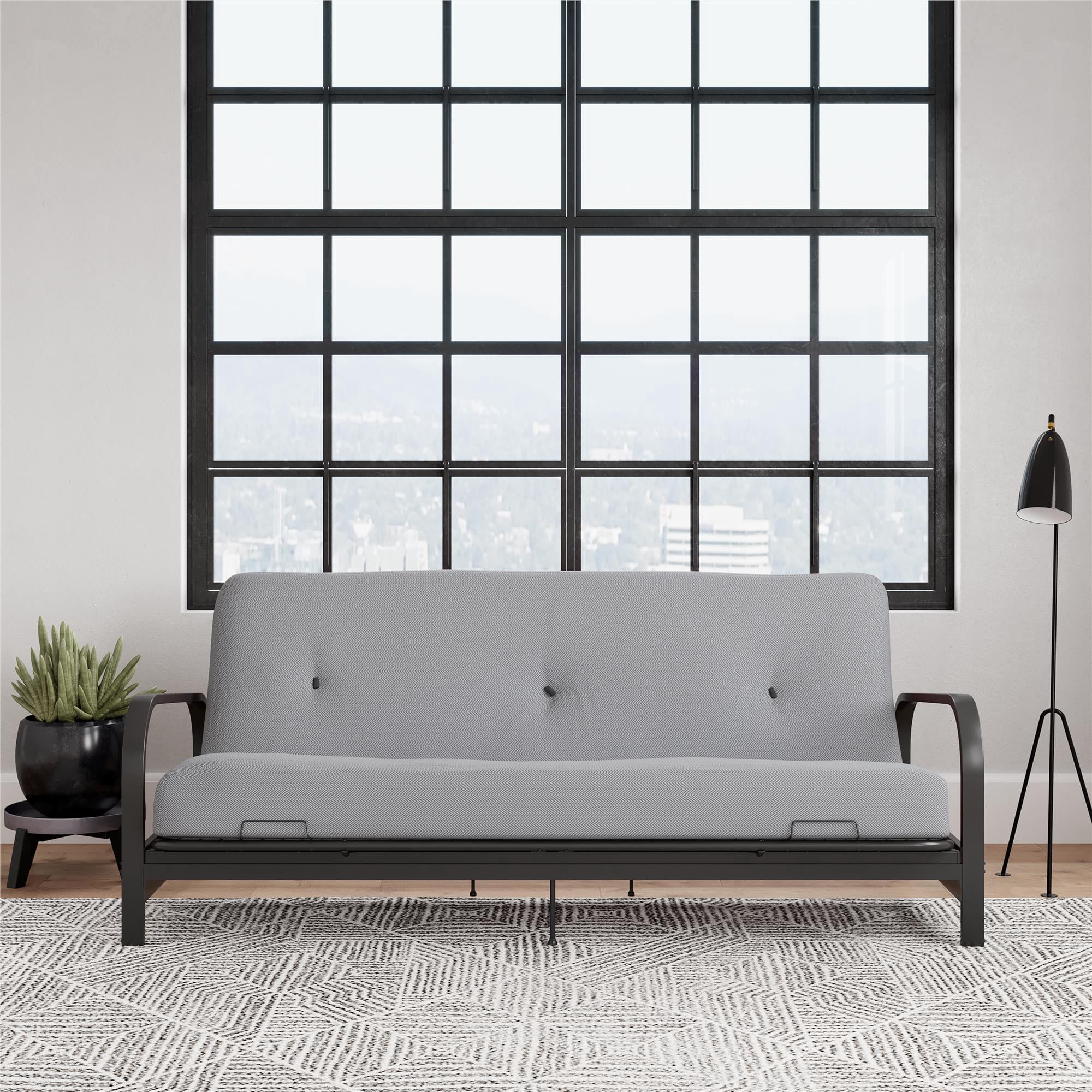 DHP Cleo Black Metal Arm Full Size Futon Frame with 6” Herringbone Mattress