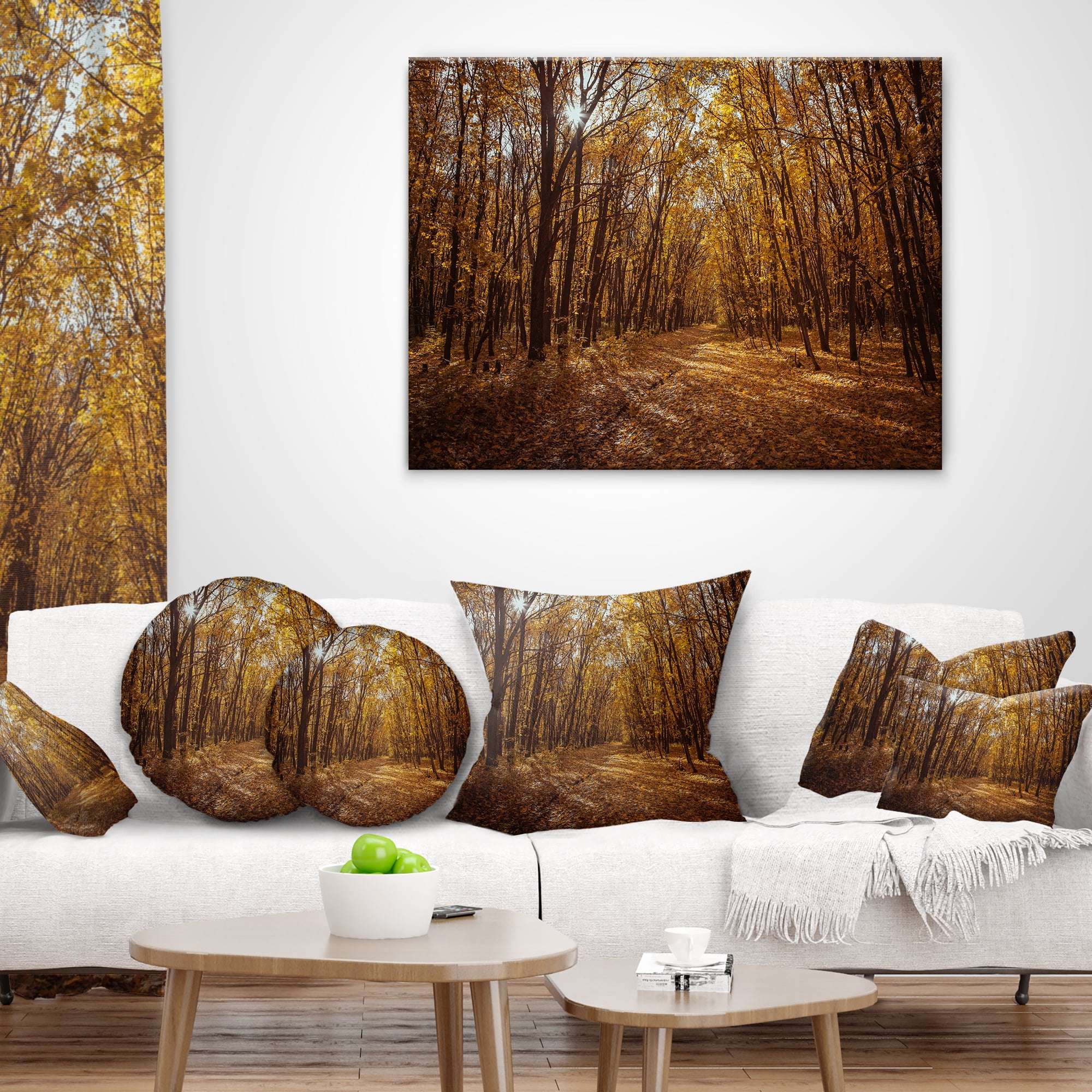 Designart Sunset in Yellow Autumn Forest - Modern Forest Throw Pillow - 12x20