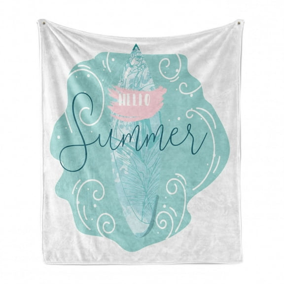 Hello Summer Soft Flannel Fleece Throw Blanket, Abstract Curly Sea Background with a Surfboard Jungle Leaves, Cozy Plush for Indoor and Outdoor Use, 50" x 60", Seafoam Pale Pink, by Ambesonne