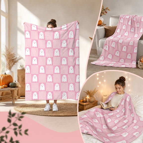 Fllostpr Halloween 39 x 29 in Spooky Ghost Blanket, Pink Soft Flannel Throw Blanket Decorations for Couch, Bed, Sofa & Party