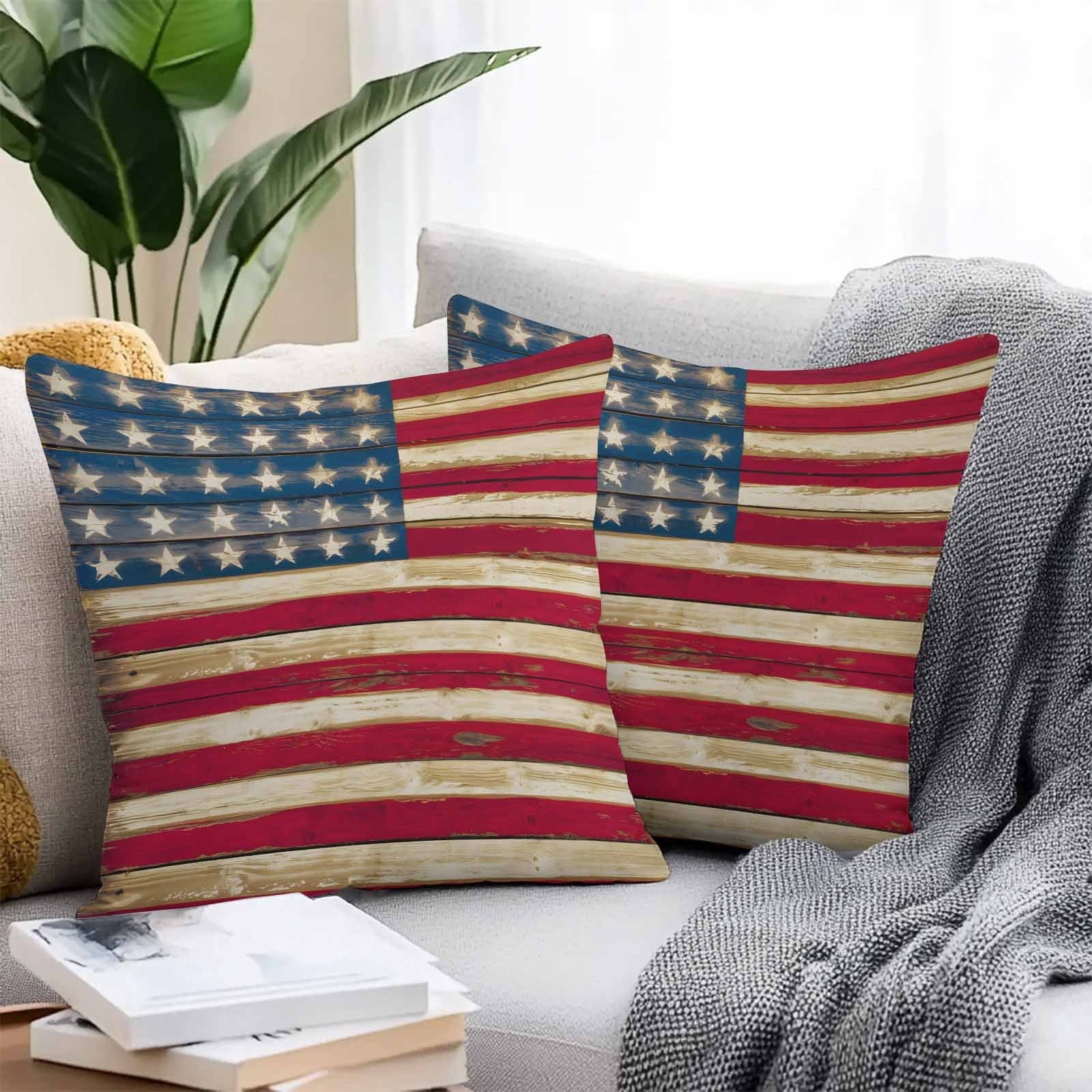Outdoor Throw Pillows Covers 18X18 Set of 2 Waterproof Patriotic Rustic American Flag Decorative Zippered Cushion Covers for Patio Furniture, 4th of July Lumbar Pillowcases Red Blue