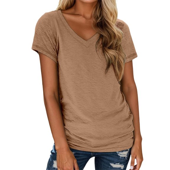 Fgnfyis Womens T Shirts Solid Color Crew Neck Short Sleeve Tee Soft Everyday Basic Top Casual Wear Womens Tops Short Sleeve Khaki L