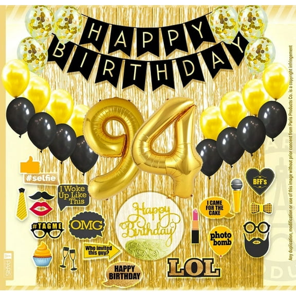 94th Birthday Decoration Black and Gold for Boy & Girl, 94th Cake Topper, 94th Party Supplies for Her and Him, 94th Birthday Photo Props