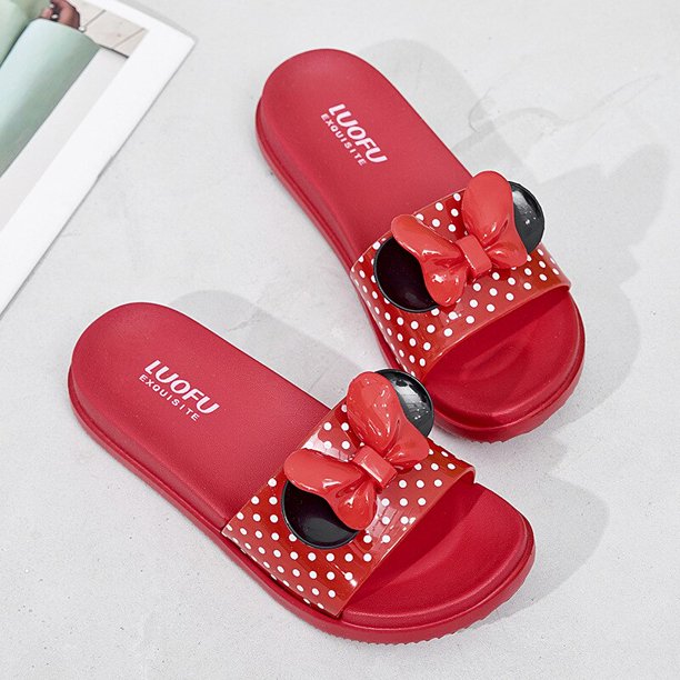 Zapatillas de verano de Disney con lazo de Minnie Mouse para mujer, antideslizantes, a la moda, para el hogar, el baño, el hogar, ropa interior y exterior, ocio en la playaRojo32 Deng Xun unisex