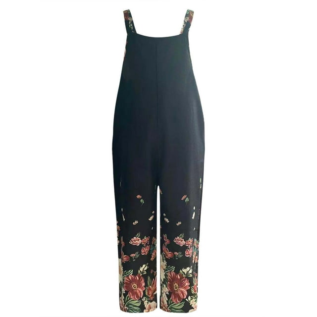 Womens Fashion Pants Overalls Rompers Printed Buttons Suspender Jumpsuit
