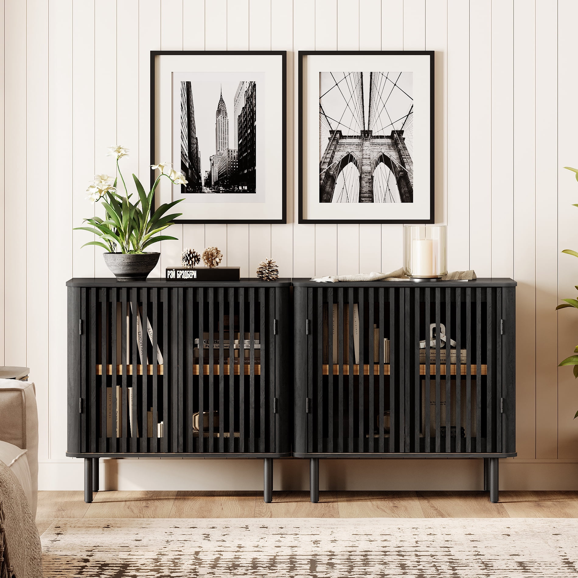 63" TV Stand for TVs up to 75", Mid Century Modern TV Media Console Table with Adjustable Shelf, Black