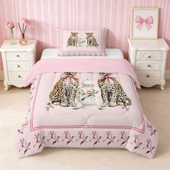 Erosebridal Leopard Pink Bow Vase Twin Comforter Sets for Girls, Cheetah Animal Floral Vintage Bedding Set, Pink Reversible 2 Pieces 1 Comforter and 1 Pillowcase